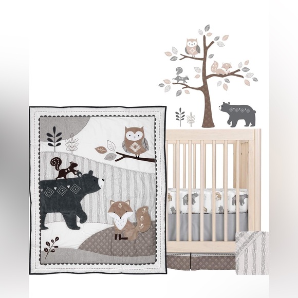 Woodland Forest Animal Nursery 5-Piece Baby Crib Bedding Set - Gray - Picture 1 of 4